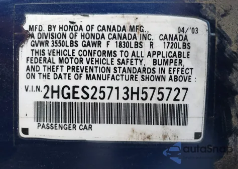 2003 Honda Civic Ex z USA, uszkodzony, nr VIN 2HGES25713H575727